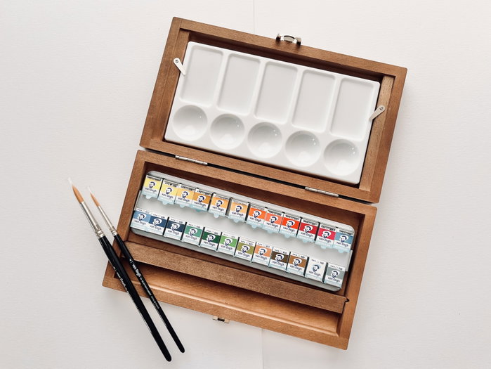 Van Gogh Set d'aquarelles en boîte en bois, 24 couleurs en demi-pastilles et 3 accessoires